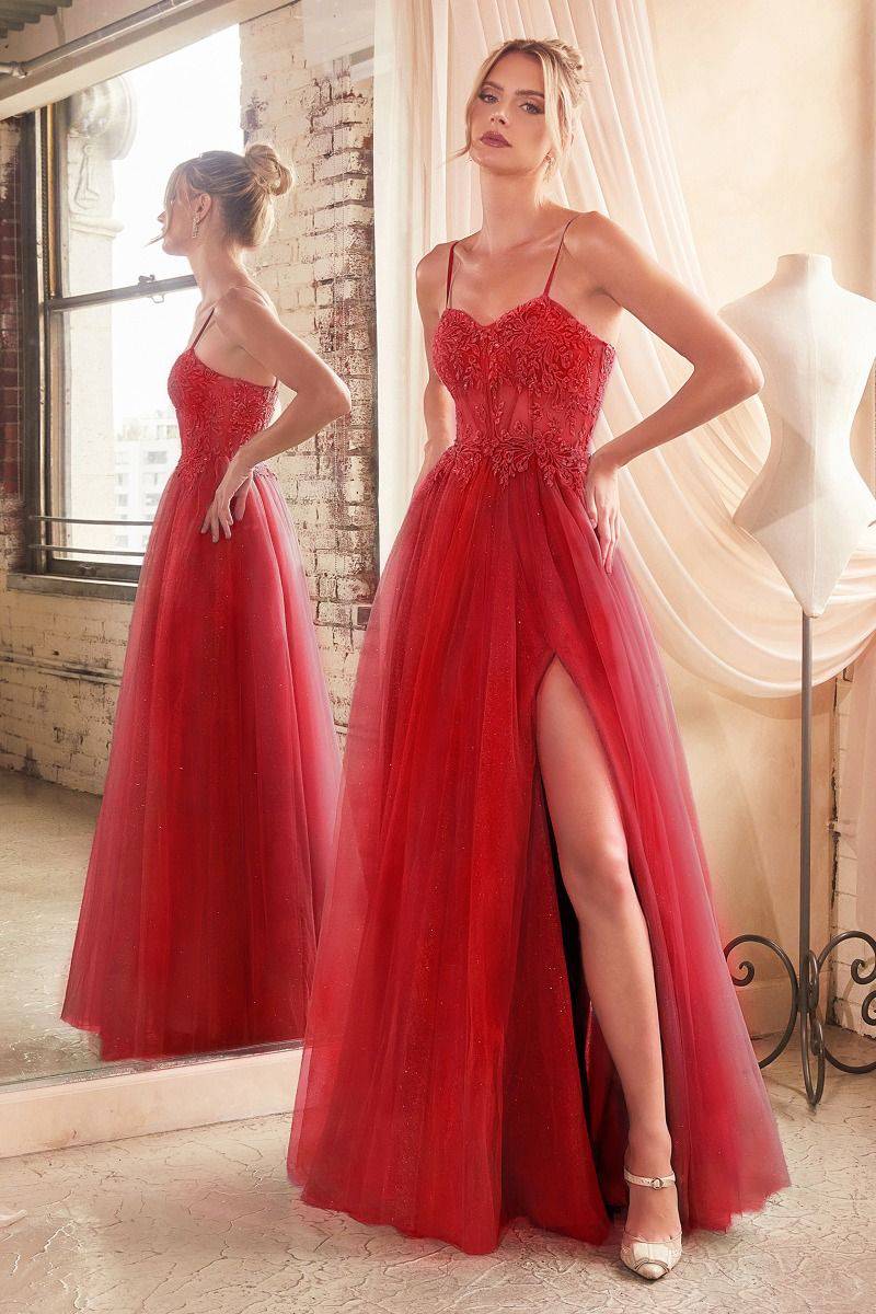 Lace & Layered Tulle A-Line Side Slit Open Back Sweetheart Long Prom Dress CDC150