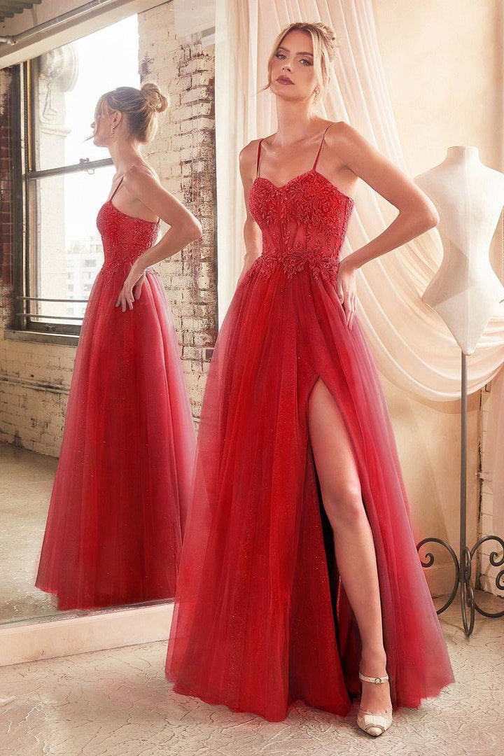 Lace & Layered Tulle A-Line Side Slit Open Back Sweetheart Long Prom Dress CDC150