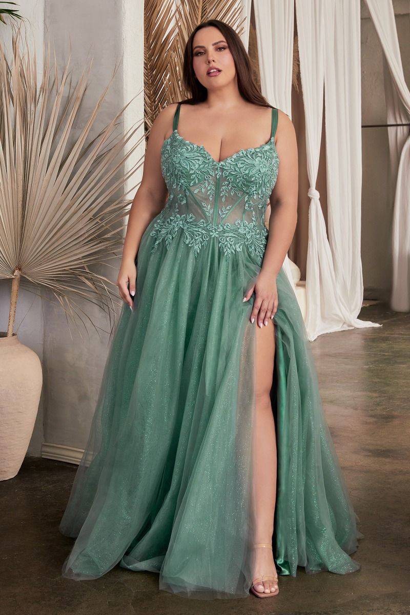 Lace A-Line Tulle Skirt Side Slit Sweetheart Plus Size Long Evening Dress CDC150C-Shangri-La Fashion