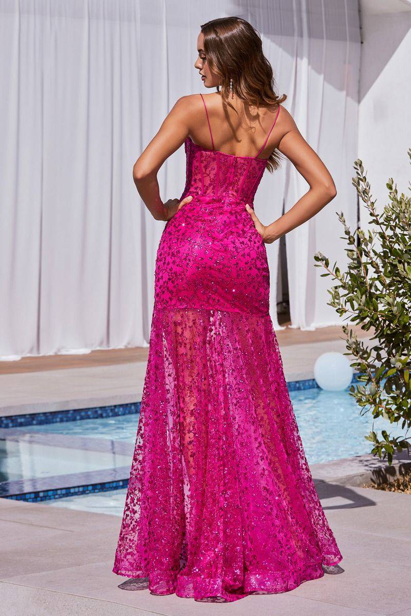 Glitter Printed Fitted Sheer Bodice Long Evening Dress CDC155