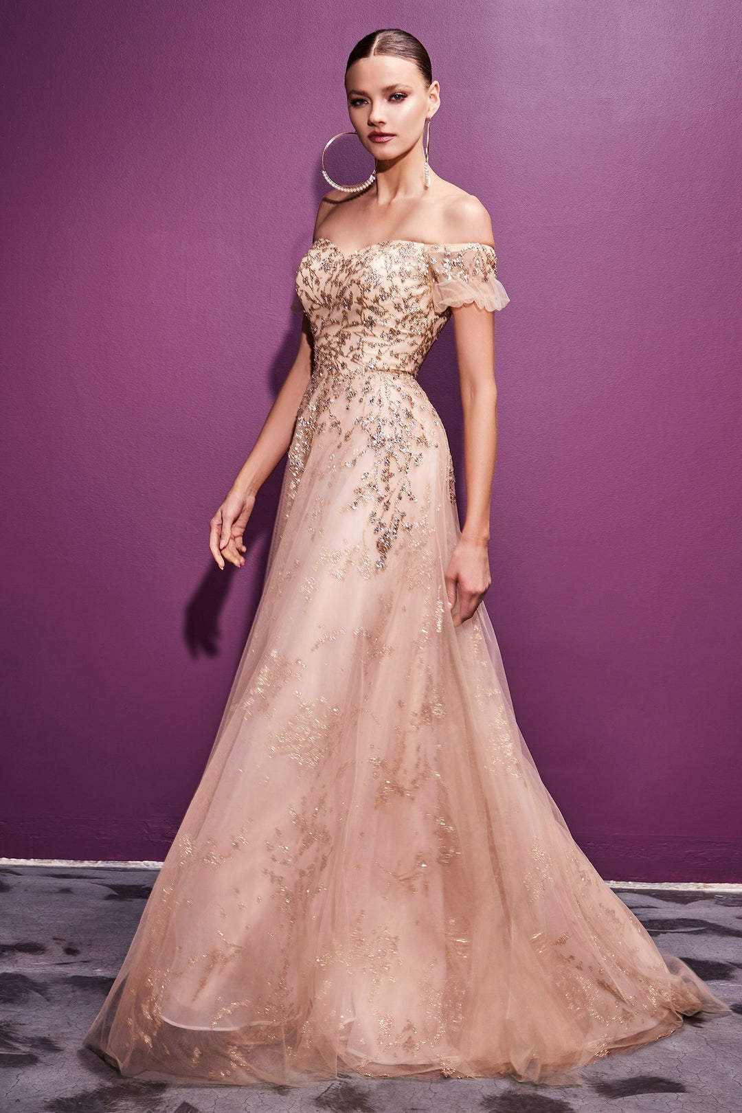 Glitter Off Shoulder Adjustable Laced Bodice Embellished Skirt Long Train Long Evening & Ball Dress CDC73-0