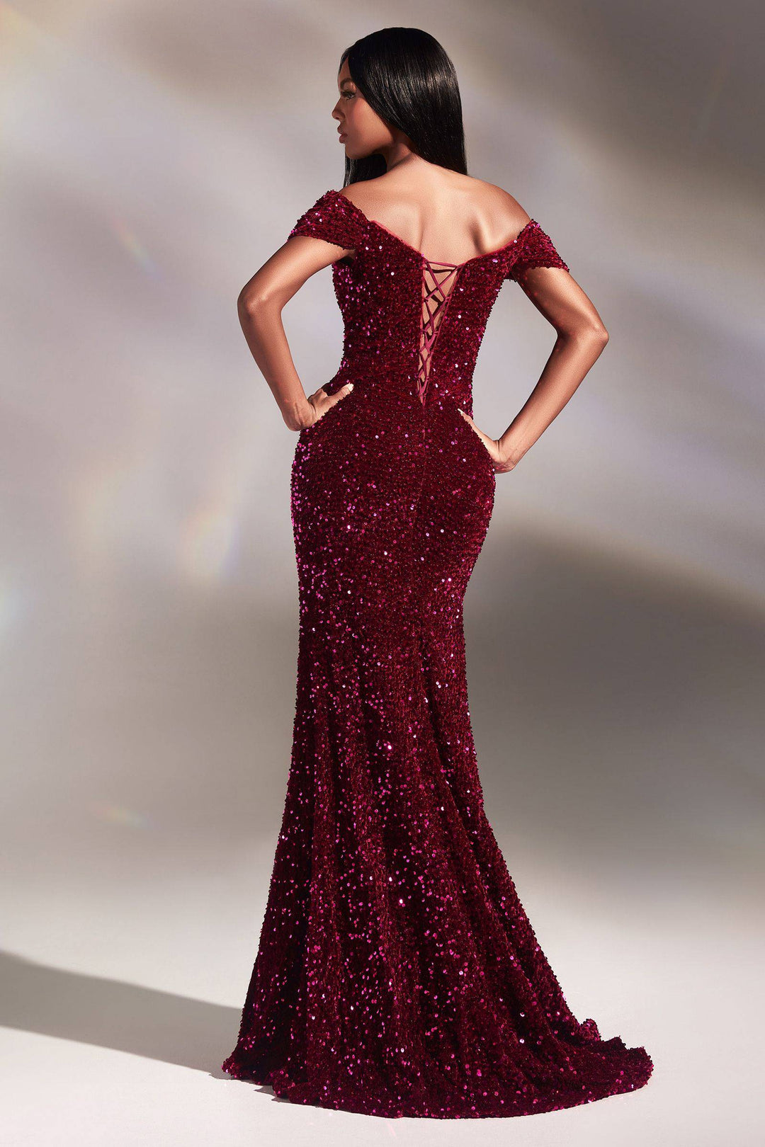 Velvet Sequins Trumpet Off Shoulder Open Back Strapless Long Prom & Bridesmaid Dress CDCA109