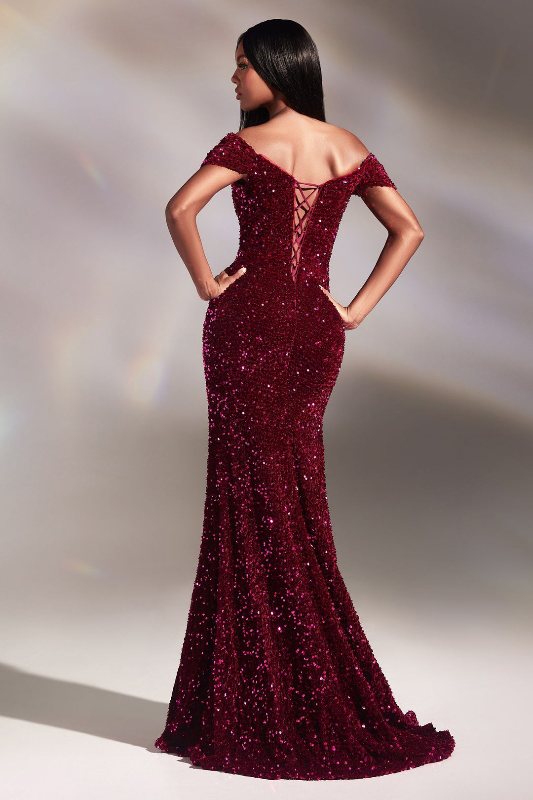 Velvet Sequins Trumpet Off Shoulder Open Back Strapless Long Prom & Bridesmaid Dress CDCA109-1