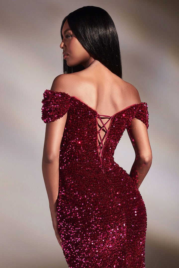 Velvet Sequins Trumpet Off Shoulder Open Back Strapless Long Prom & Bridesmaid Dress CDCA109-2