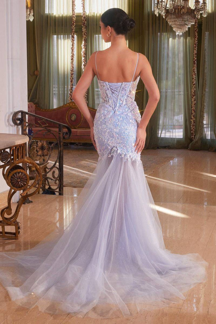 Floral Sequined Light BLue Mermaid Open Back Sweetheart Long Prom Dress CDCB148