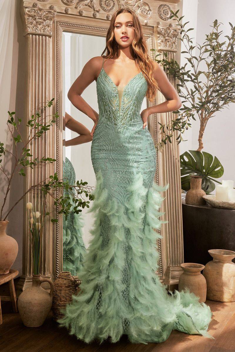 Feathered Mermaid Open Criss Cross Back Illusion V-Neck Long Prom Dress CDCC1608