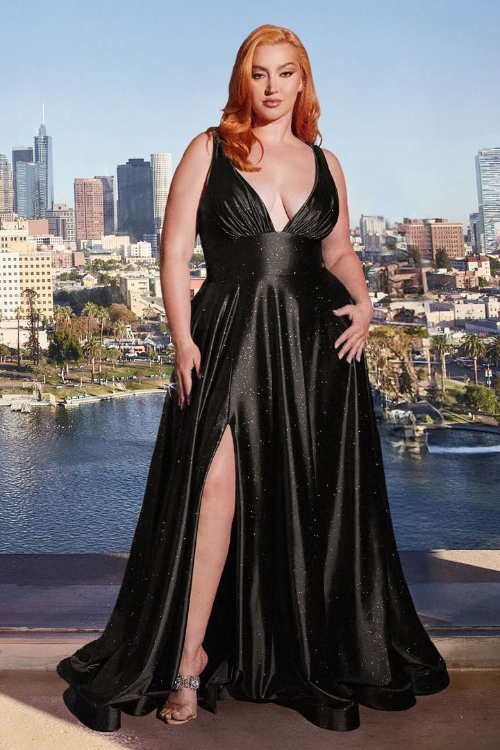 Glitter Satin A-Line Side Slit Open Back Plus Size Long Evening Dress CDCC2349C-3