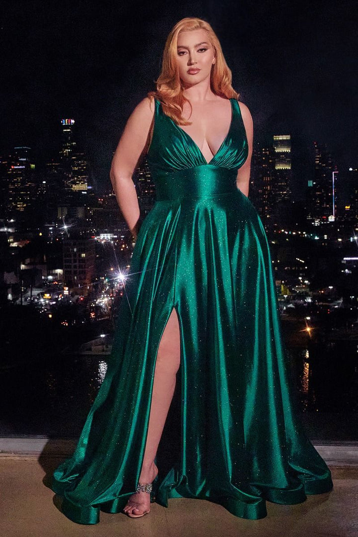 Glitter Satin A-Line Side Slit Open Back Plus Size Long Evening Dress CDCC2349C-1