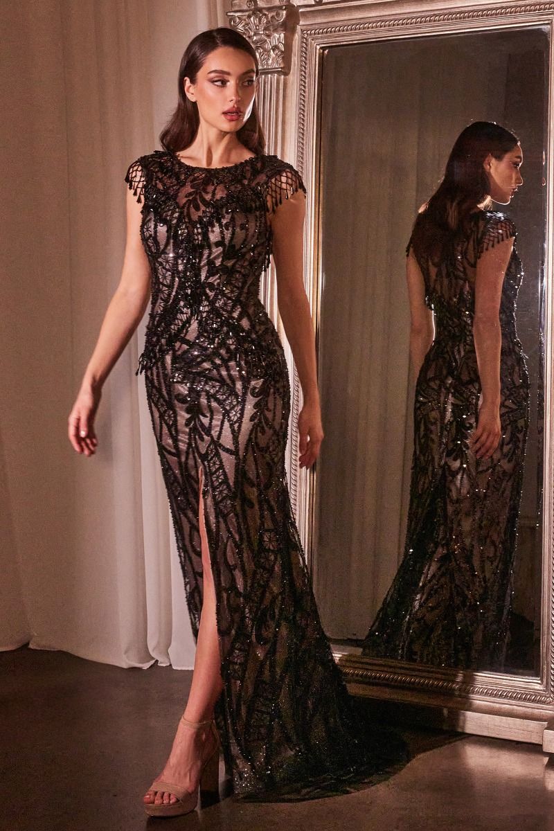 Black Nude Sheath Embroidered Sequin Long Mother Of The Bride Dress CDCC4007-0