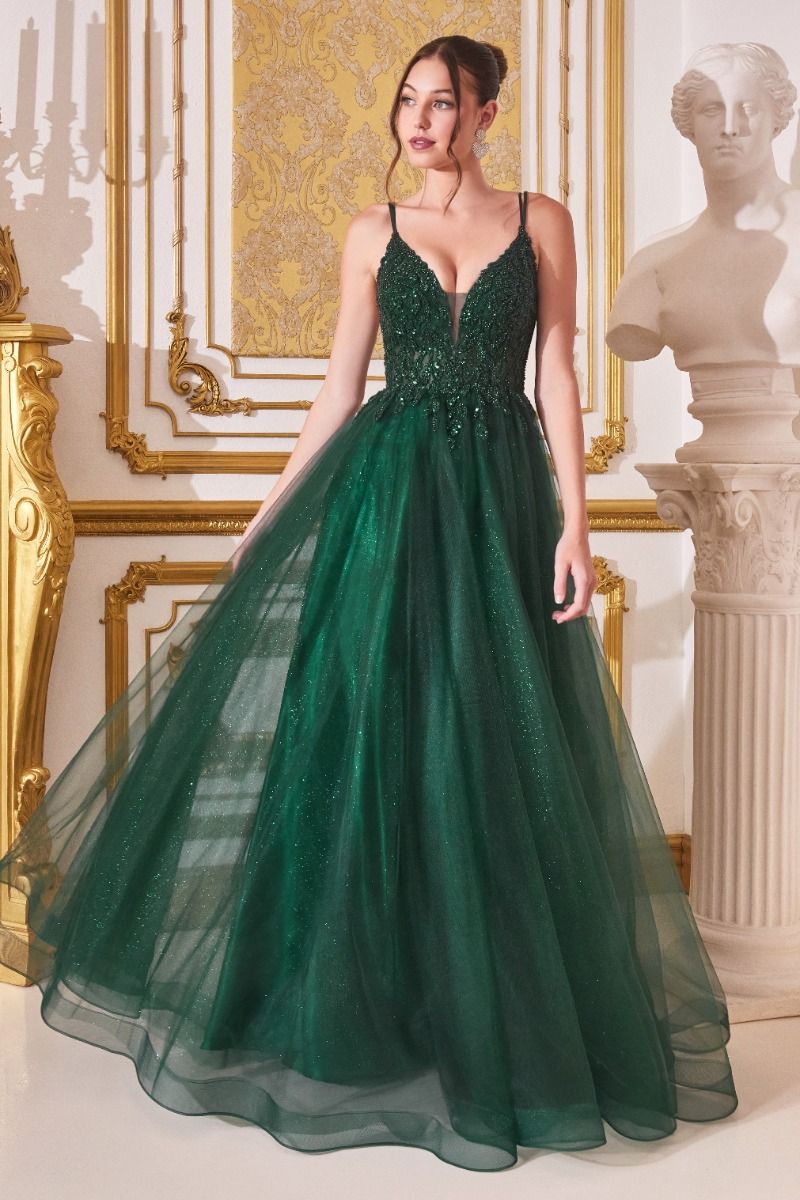 Layered Tulle Vintage Appliqué Bodice Doubled Straps V-neck A-line Long Prom Dress CDCD0154-0