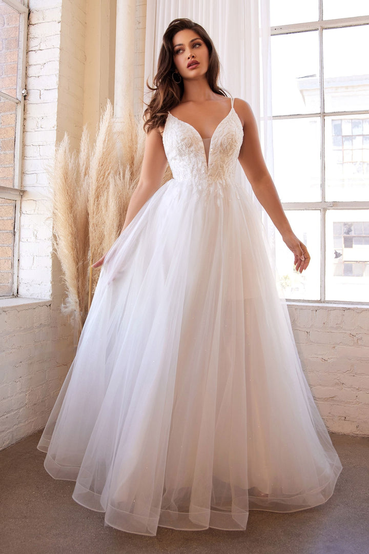 Layered Tulle Appliqué Bodice Doubled Straps V-neck A-line Long Wedding Dress CDCD0154W-0