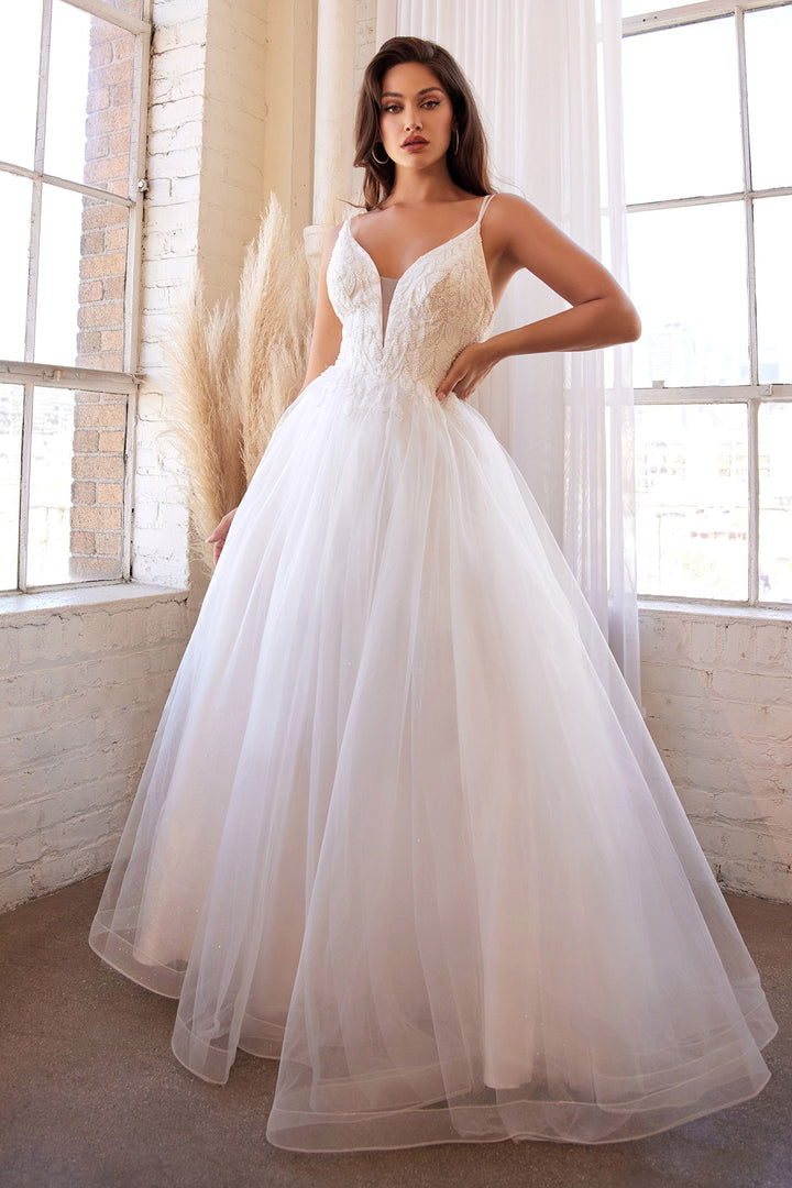 Layered Tulle Appliqué Bodice Doubled Straps V-neck A-line Long Wedding Dress CDCD0154W-4