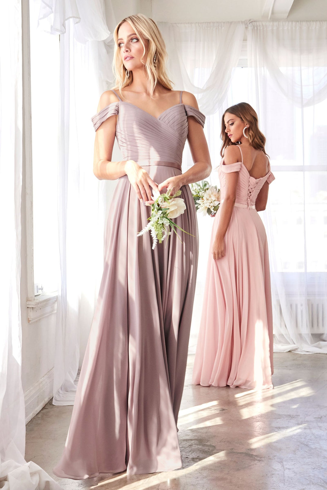 Off Shoulder A-Line Chiffon Corset Back Long Bridesmaid Dress CDCD0156-2