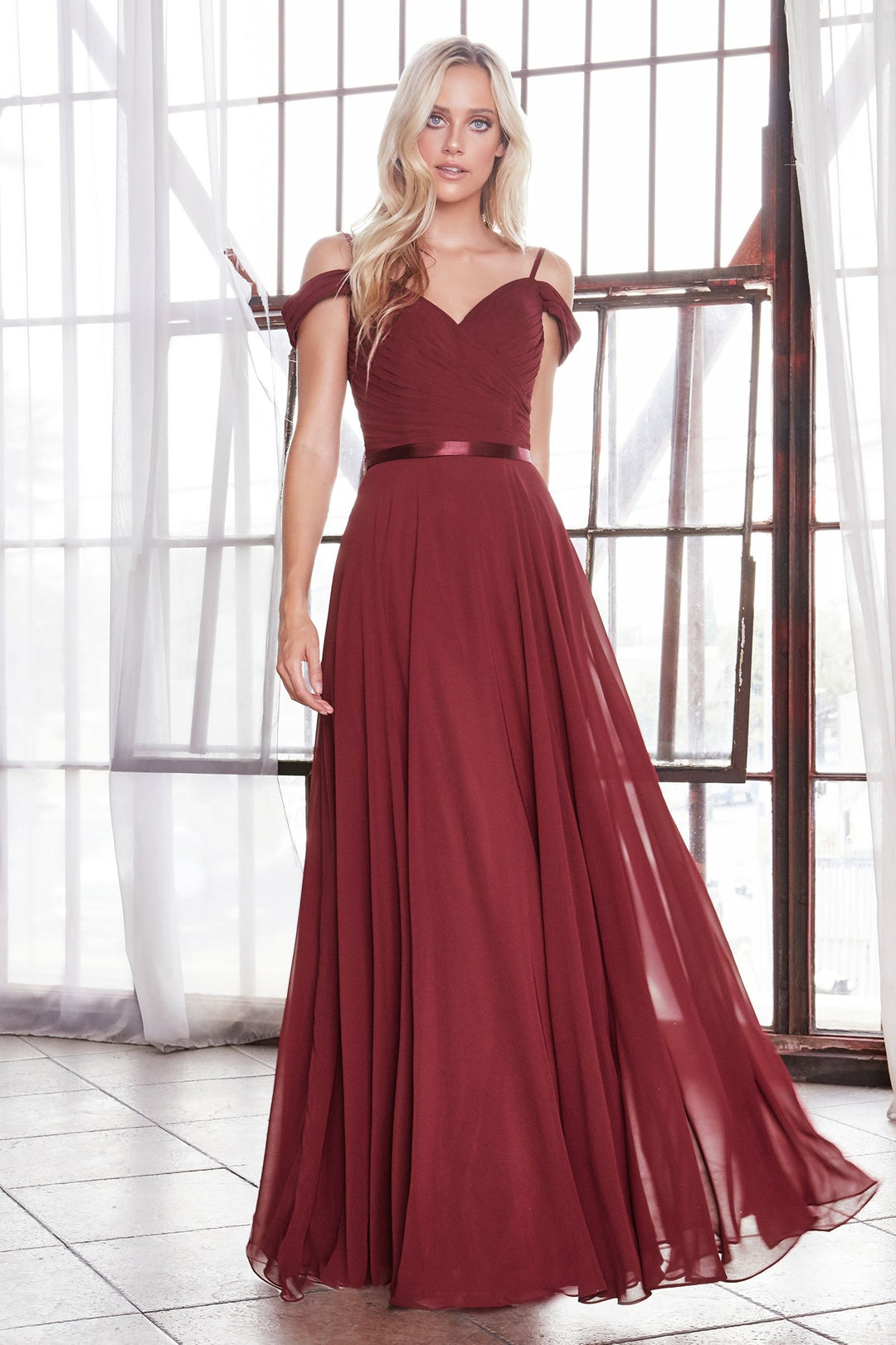 Off Shoulder A-Line Chiffon Corset Back Long Bridesmaid Dress CDCD0156-4