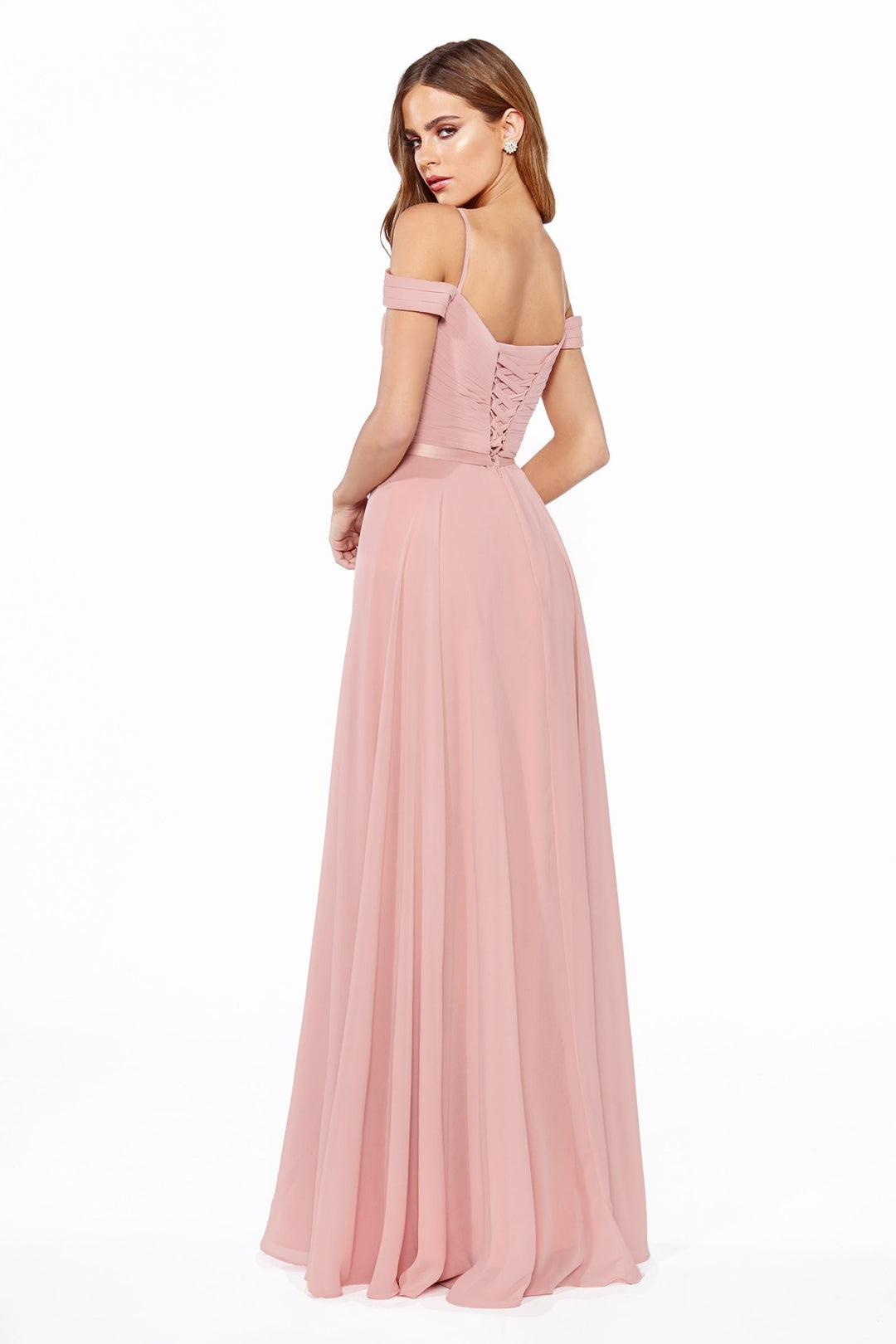 Off Shoulder A-Line Chiffon Corset Back Long Bridesmaid Dress CDCD0156-0