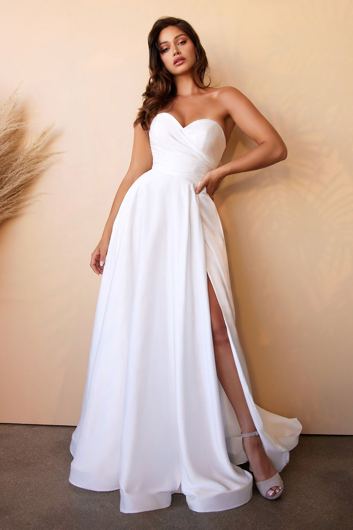 Satin Strapless Fitted Sweetheart Corset Look A-line Skirt High Leg Slit Long Wedding Dress CDCD0166W-4