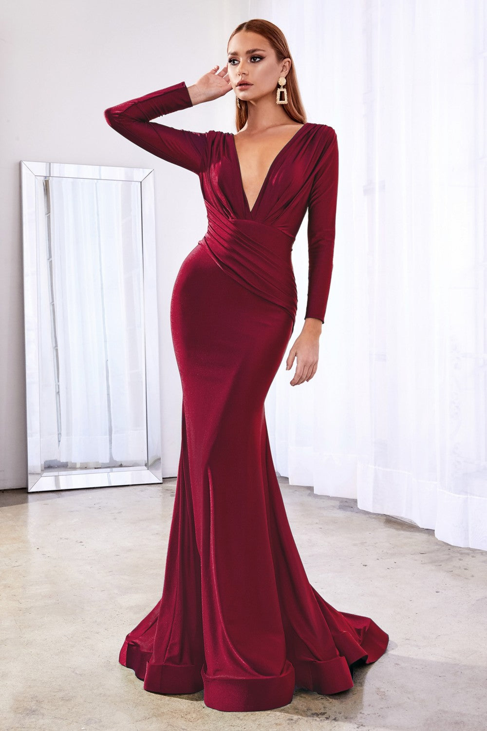 Fitted Stretch Jersey Wrapped Bodice Deep V-Neck Modest Long Sleeves Long Mother Of The Bride Dress CDCD0168 Sale-2