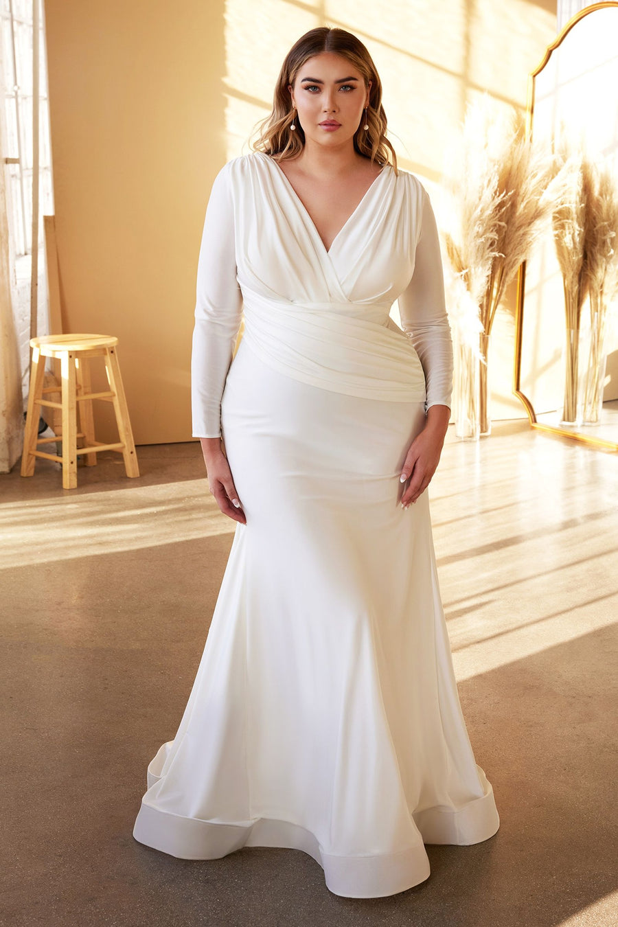 Plus Size Stretch Mermaid Fitted Bodice Plunging V-neck Long Sleeves Long Wedding Dress CDCD0169C-0