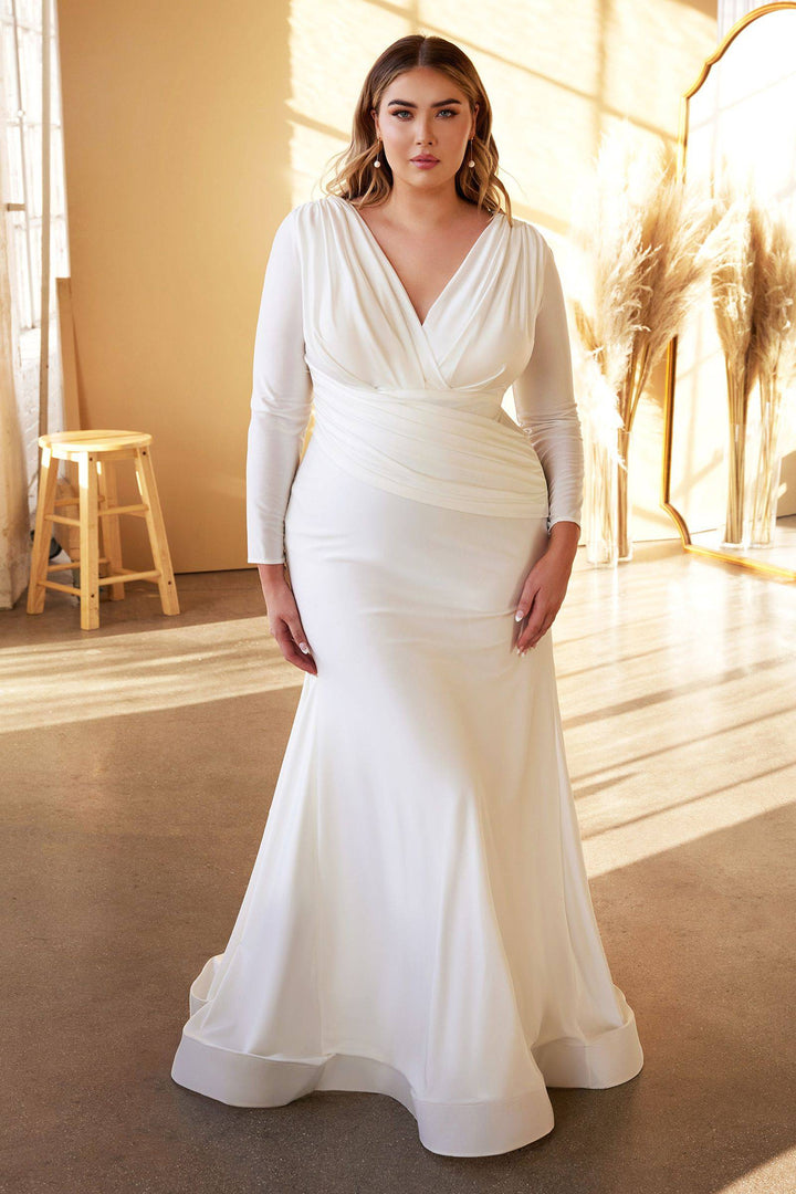 Plus Size Stretch Mermaid Fitted Bodice Plunging V-neck Long Sleeves Long Wedding Dress CDCD0169C-Shangri-La Fashion