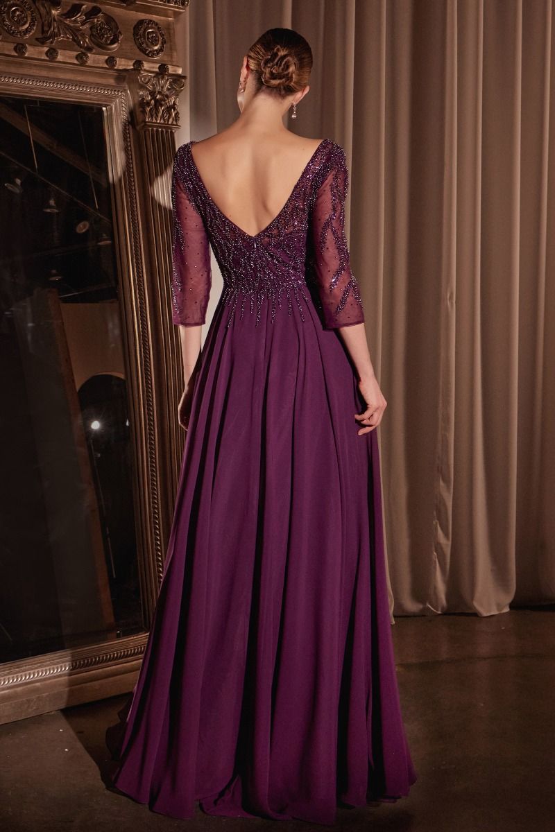 Flowy Chiffon A-line 3/4 Sleeves Embellished Bodice Long Mother Of The Bride Dress CDCD0171-2