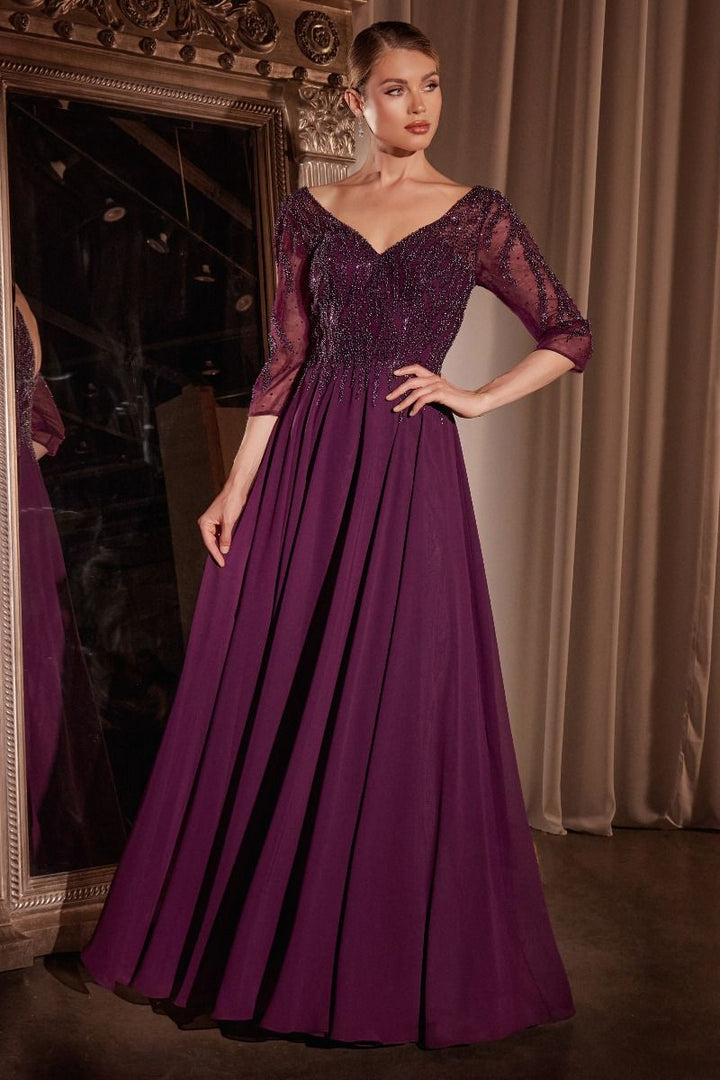 Flowy Chiffon A-line 3/4 Sleeves Embellished Bodice Long Mother Of The Bride Dress CDCD0171-4