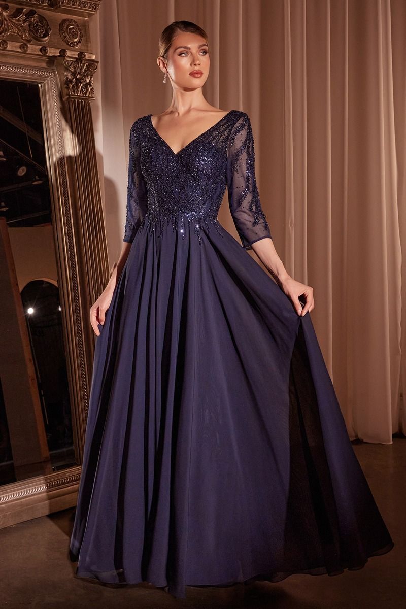 Flowy Chiffon A-line 3/4 Sleeves Embellished Bodice Long Mother Of The Bride Dress CDCD0171-6