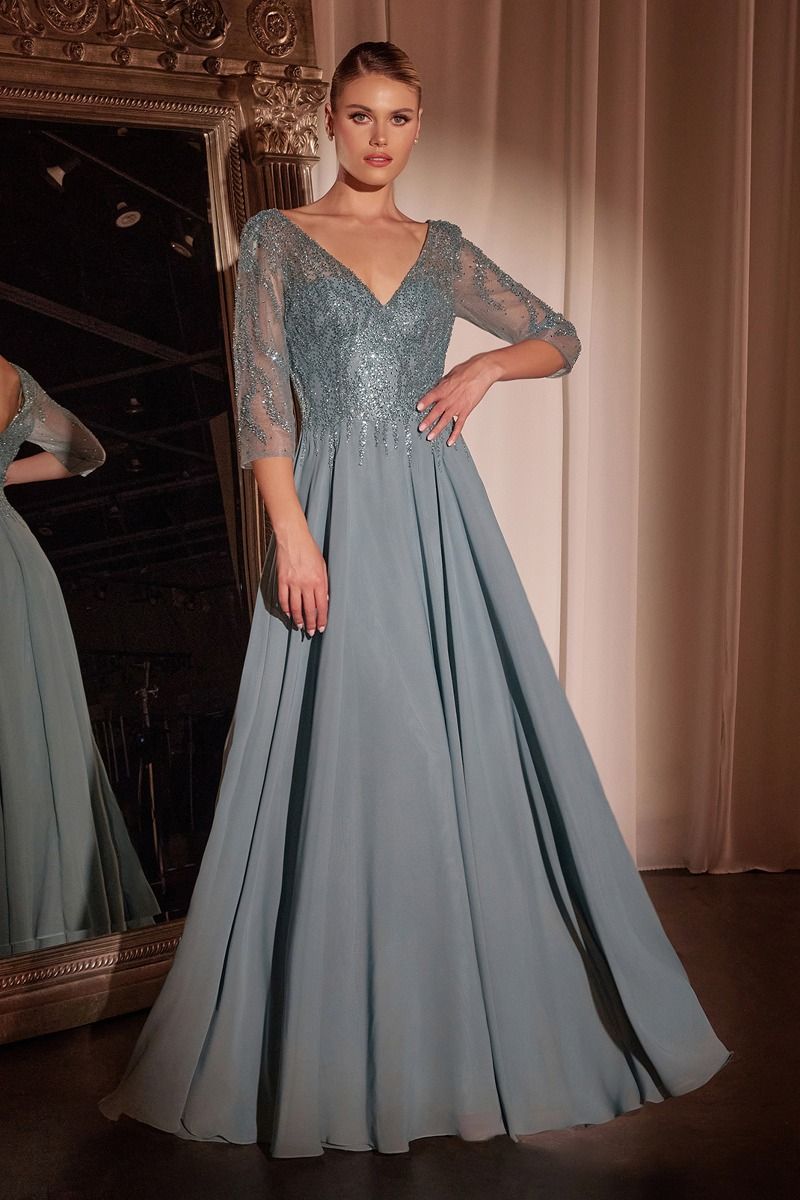 Flowy Chiffon A-line 3/4 Sleeves Embellished Bodice Long Mother Of The Bride Dress CDCD0171-7