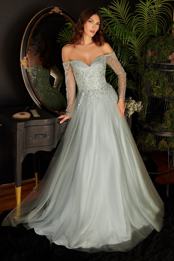 Off The Shoulder A-line Sheer Floral Sleeves Sweetheart Sequin Appliqué Long Mother Of The Bride Dress CDCD0172-4