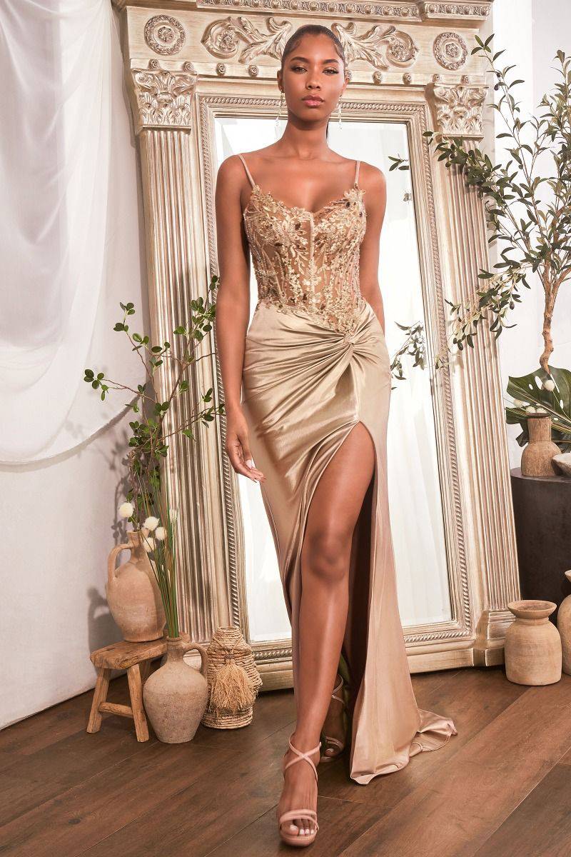 Fitted Satin Embellished Bodice Side Slit Spaghetti Straps Long Evening Dress CDCD0176