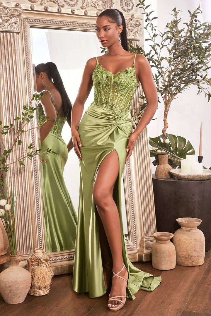 Fitted Satin Embellished Bodice Side Slit Spaghetti Straps Long Evening Dress CDCD0176