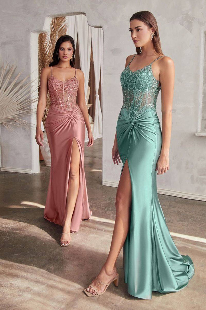 Fitted Satin Embellished Bodice Side Slit Spaghetti Straps Long Evening Dress CDCD0176