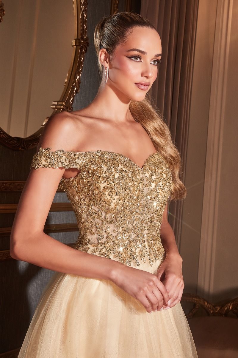 Off Shoulder A-line Sequin Bodice Glittery Layered Tulle Skirt Long Prom & Bridesmaid Dress-3