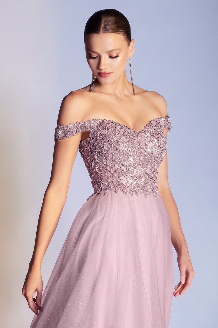 Off Shoulder A-line Sequin Bodice Glittery Layered Tulle Skirt Long Prom & Bridesmaid Dress-5