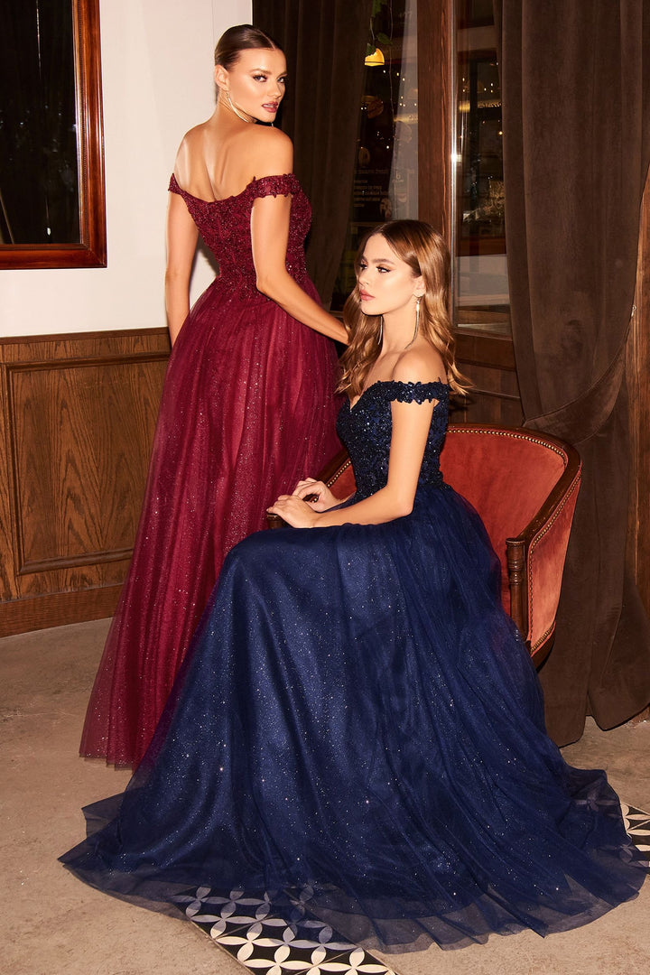 Off Shoulder A-line Sequin Bodice Glittery Layered Tulle Skirt Long Prom & Bridesmaid Dress-2