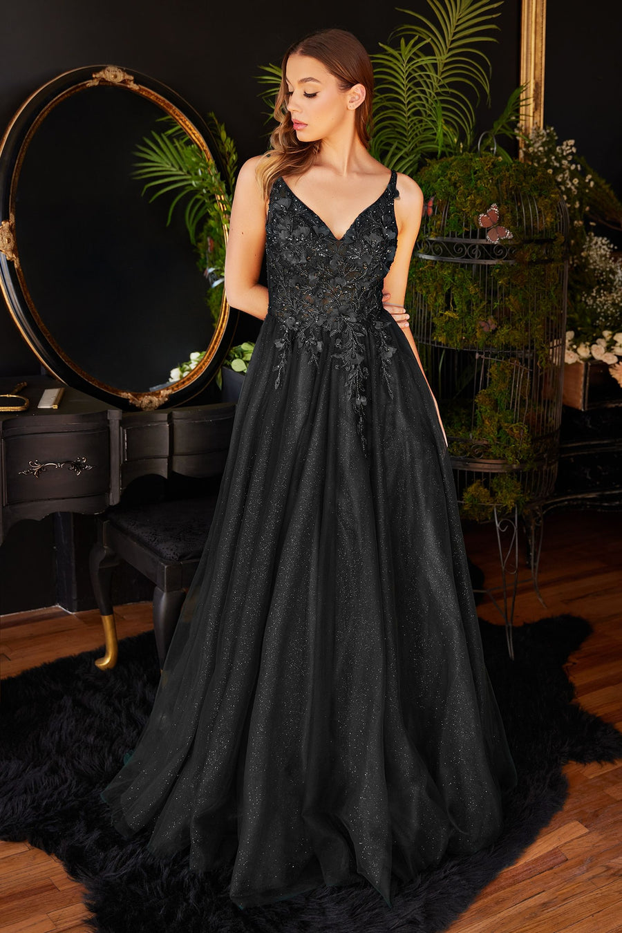 Lace Floral A-Line Vintage Applique Floral V-neck Bodice Long Prom & Bridesmaid Dress CDCD0181-0