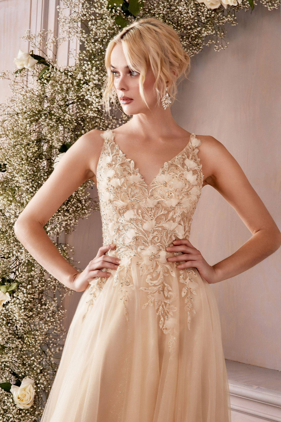 Lace Floral A-Line Vintage Applique Floral V-neck Bodice Long Prom & Bridesmaid Dress CDCD0181