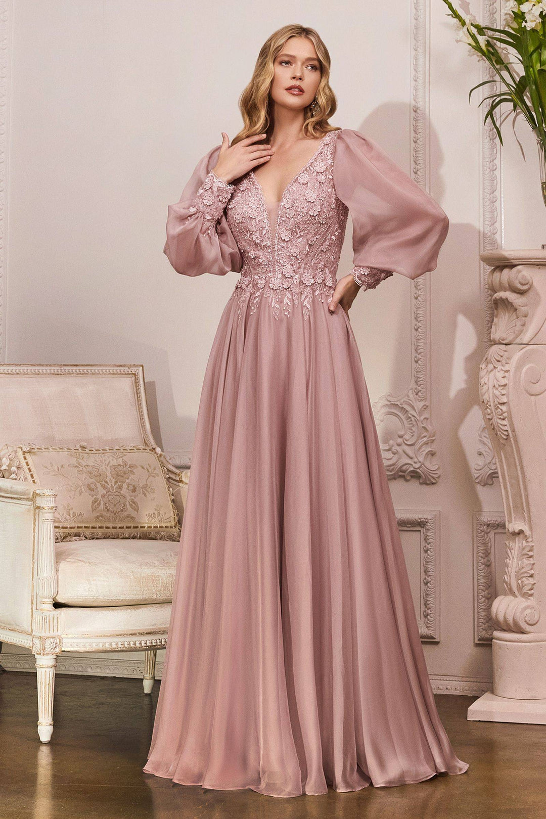 Elegant Long Puff Sleeves A-Line Chiffon Embellished V-Neck Long Evening & Prom Dress