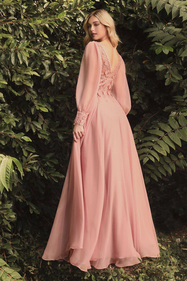 Elegant Long Puff Sleeves A-Line Chiffon Embellished V-Neck Long Evening & Prom Dress