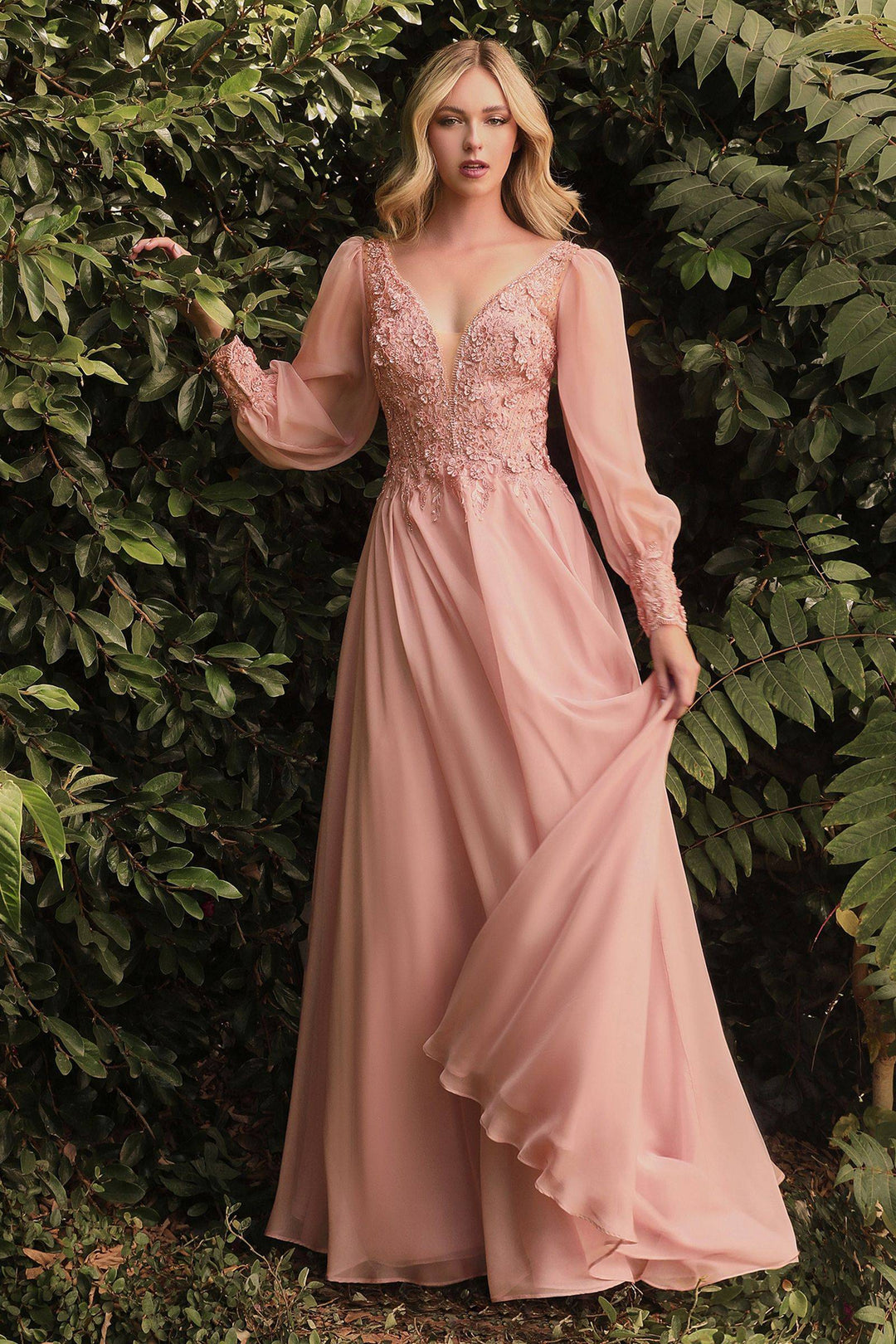 Elegant Long Puff Sleeves A-Line Chiffon Embellished V-Neck Long Evening & Prom Dress