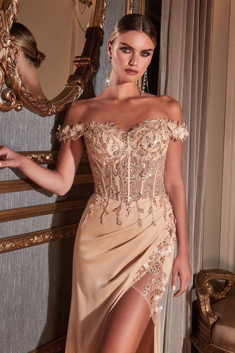 Floral Off Shoulder Embroidered Gathered on Waist Bodice Long Evening & Prom Dress CDCD0186