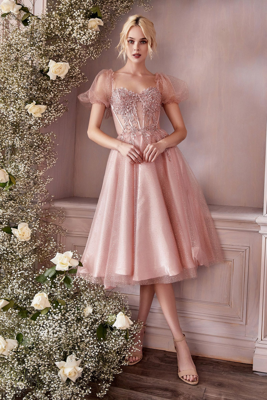 Layered Tulle Sheer Structured Corset Sweetheart Bodice Tea Length Prom & Bridesmaid Dress CDCD0187-3