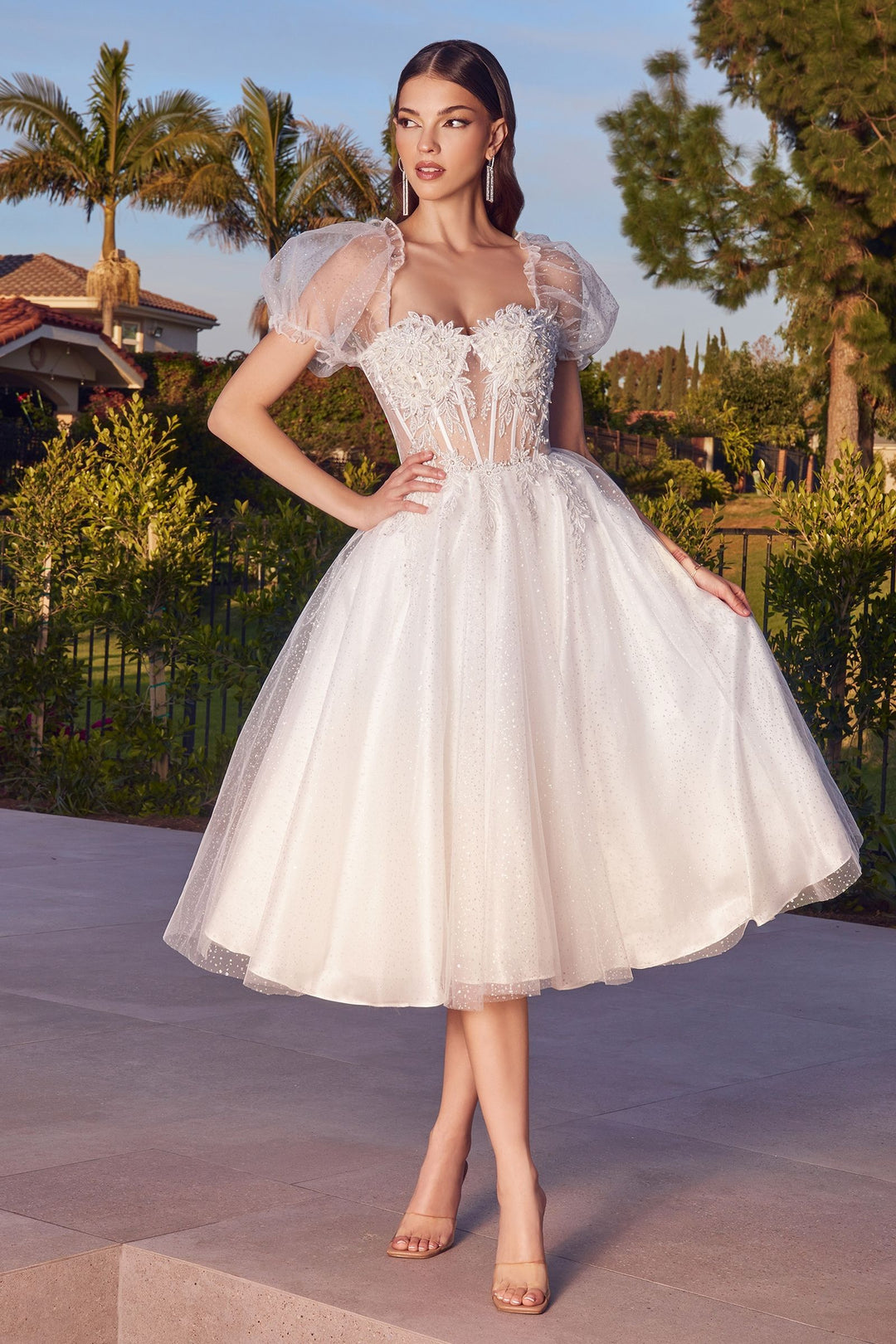 Layered Tulle Sheer Structured Corset Sweetheart Bodice Tea Length Bridal & Wedding Dress CDCD0187W-0