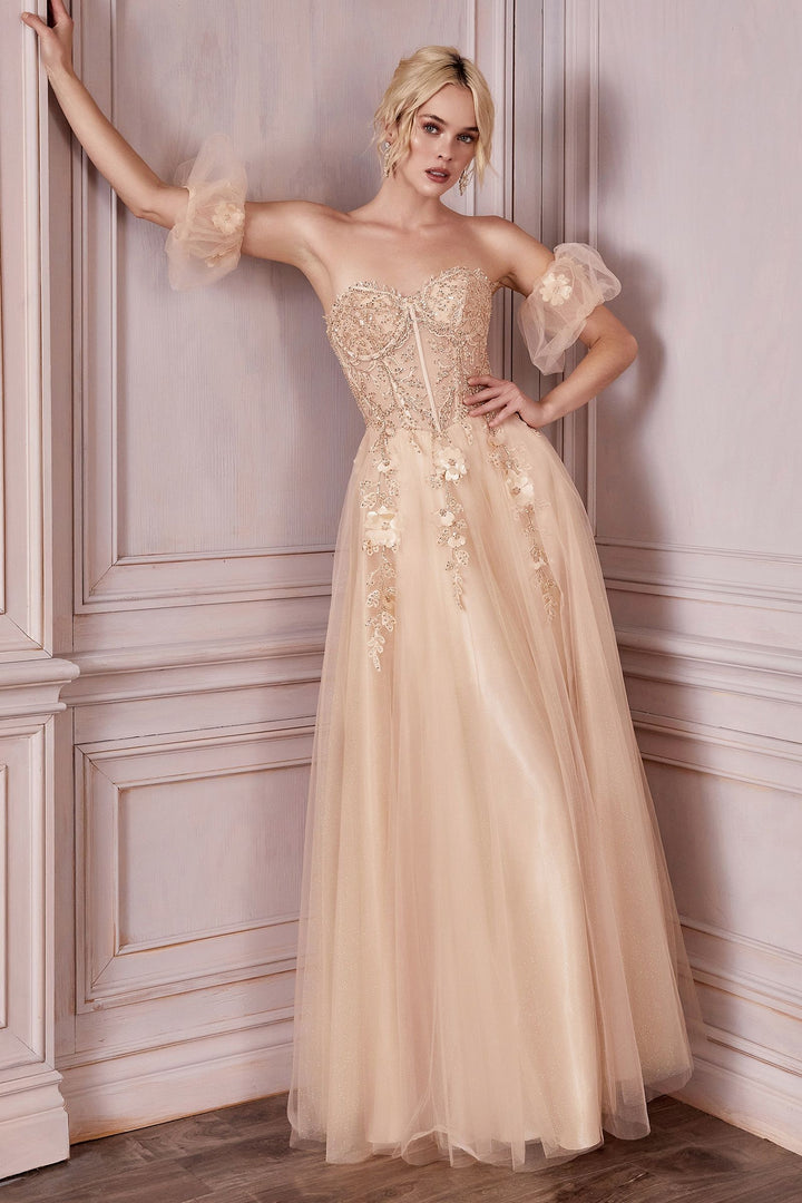 Strapless Layered Tulle Structured Embroidered Sequin Appliqué Long Ball & Prom Dress CDCD0191-2