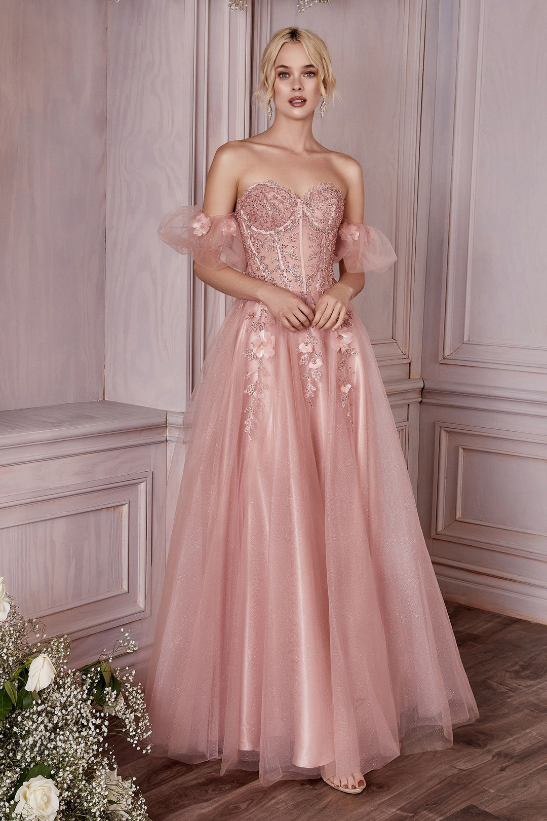 Strapless Layered Tulle Structured Embroidered Sequin Appliqué Long Ball & Prom Dress CDCD0191-1