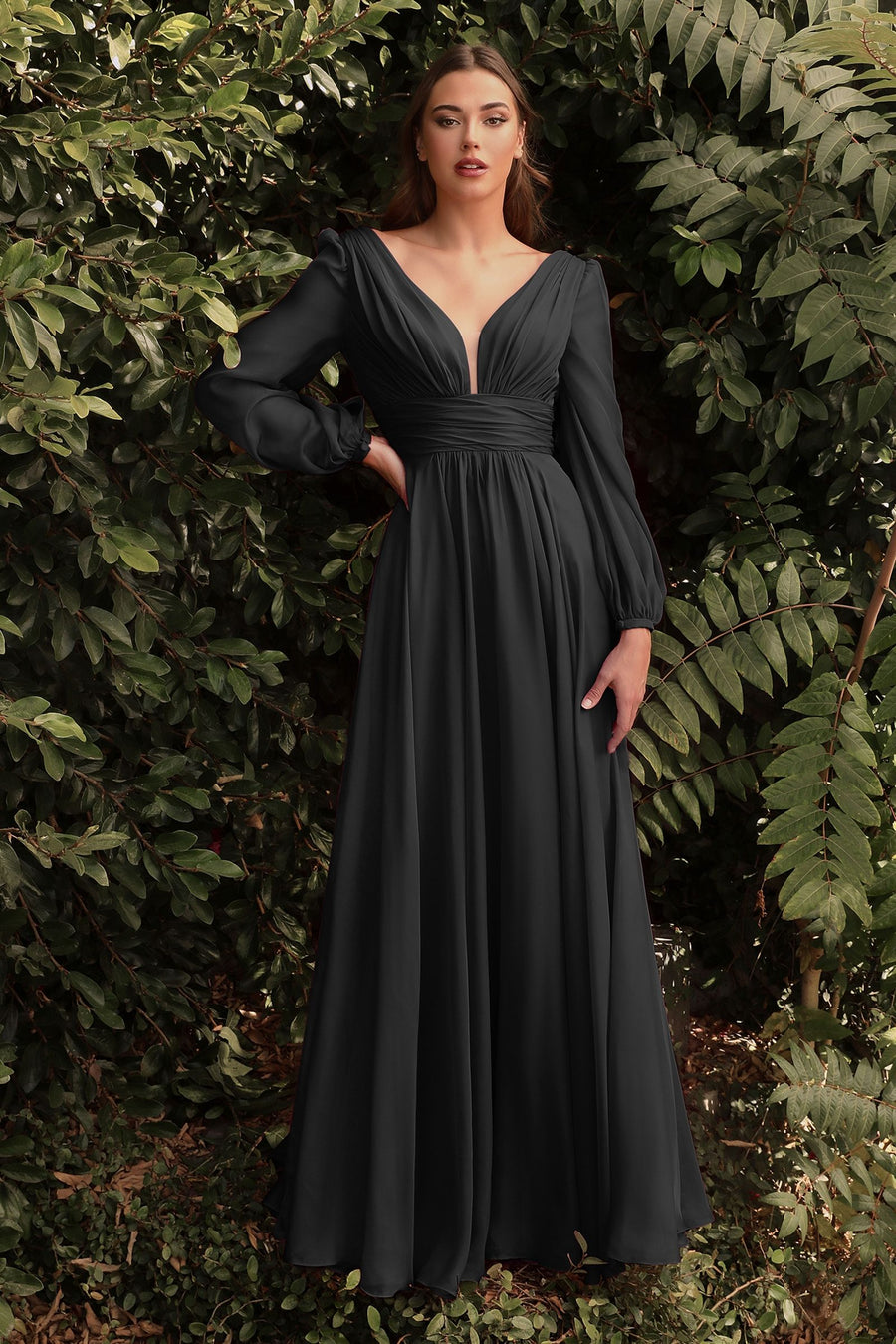 Long Sleeve Chiffon Gathered Fitted Bodice Open Back A-line Long Prom & Ball Dress-0