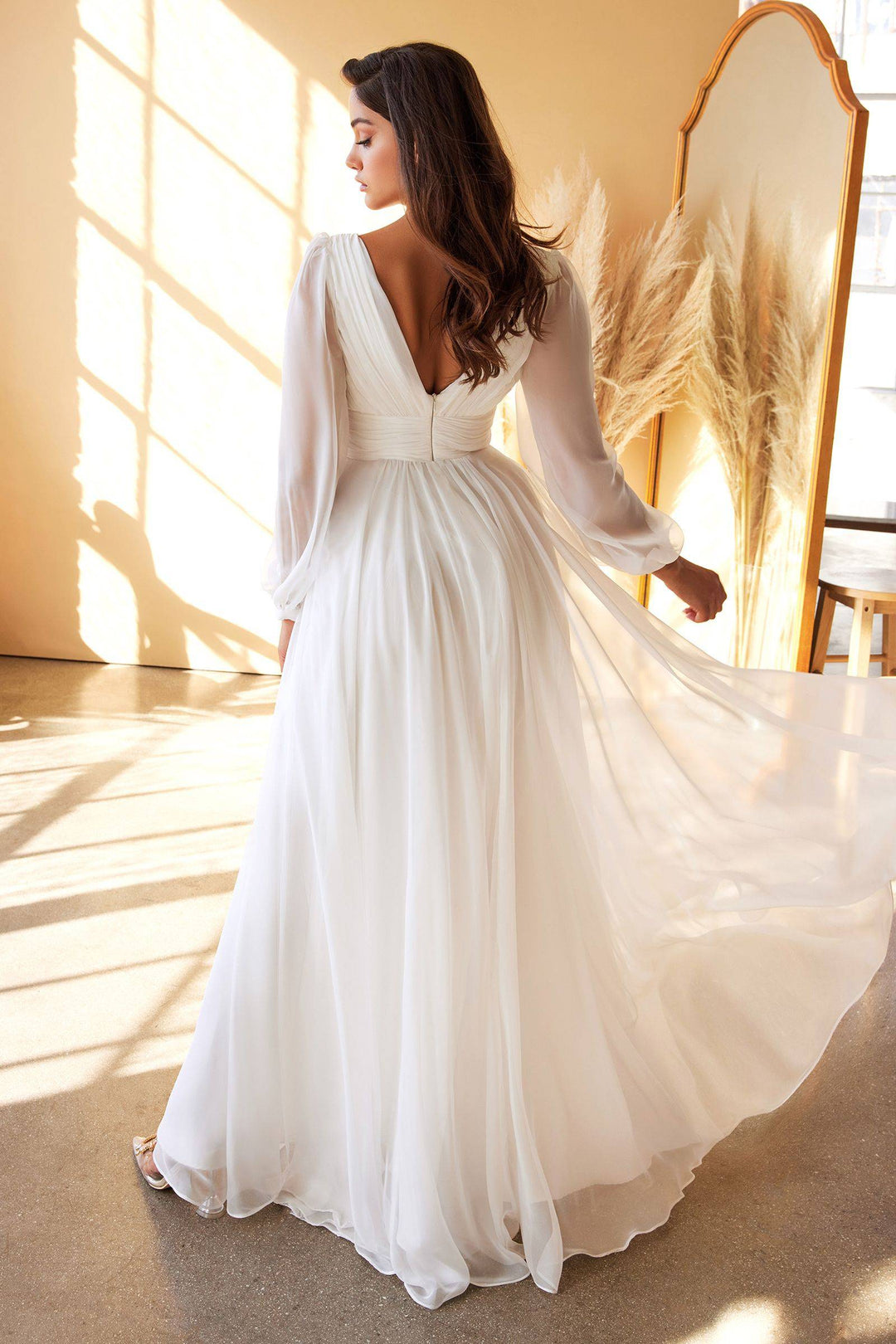 Long Sleeve Layered Belted Skirt Chiffon Plunging V Neckline V-Back Long Wedding Dress CDCD0192W