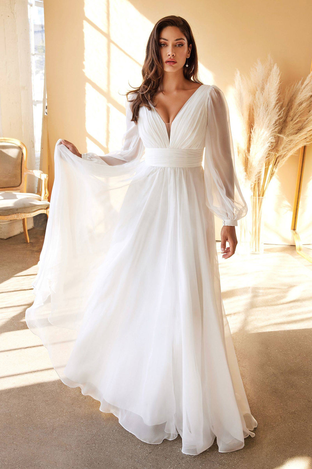 Long Sleeve Layered Belted Skirt Chiffon Plunging V Neckline V-Back Long Wedding Dress CDCD0192W