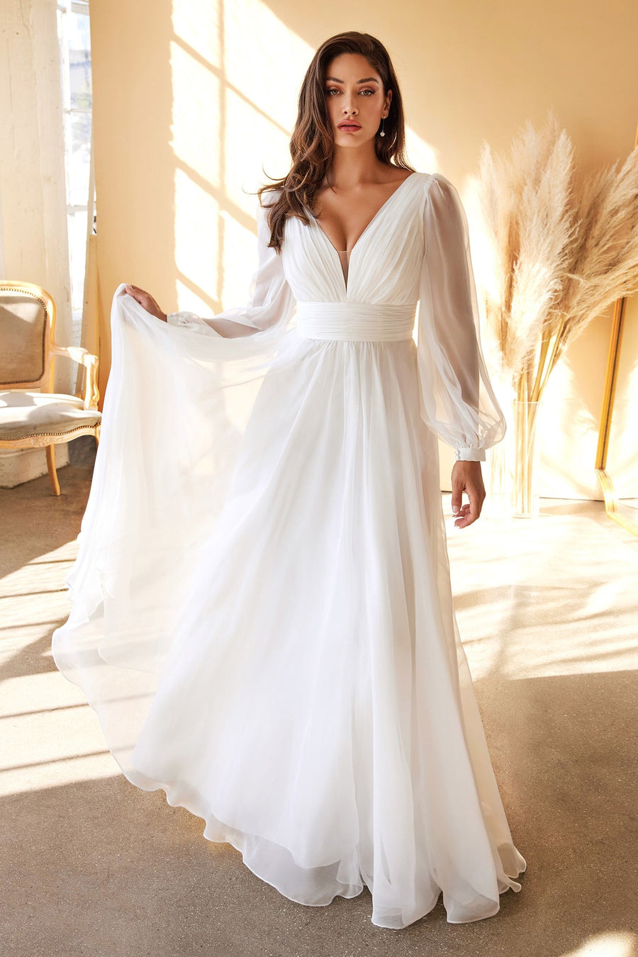 Long Sleeve Layered Belted Skirt Chiffon Plunging V Neckline V-Back Long Wedding Dress CDCD0192W-0