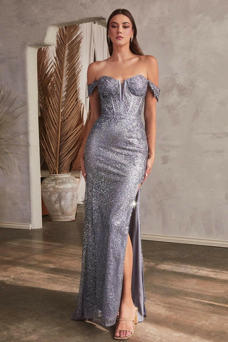 Off Shoulder Lace & Glitter Side Slit Long Evening & Prom Dress CDCD0193-0