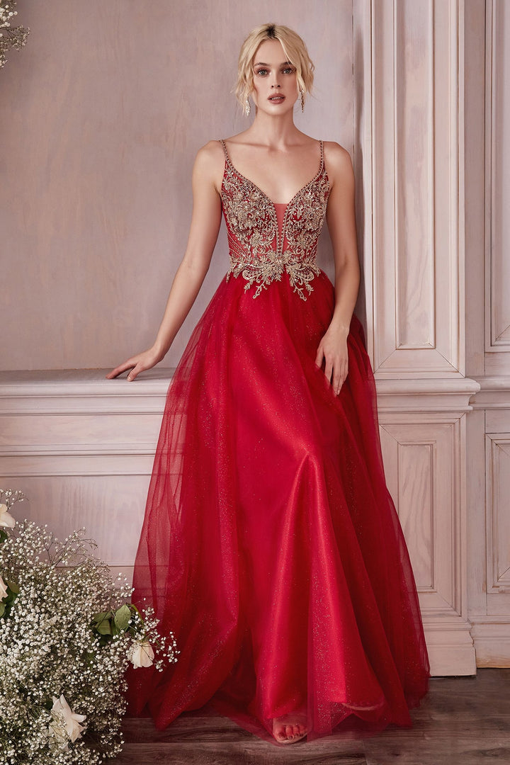 Layered Tulle A-Ling Illusion V-neck Straps Embroidered Bodice Long Prom Dress CDCD0195-3